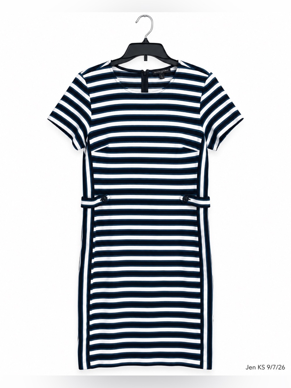 Banana Republic Nautical Stripe Sheath Dress Women’s 12 Navy White Button Tabs
